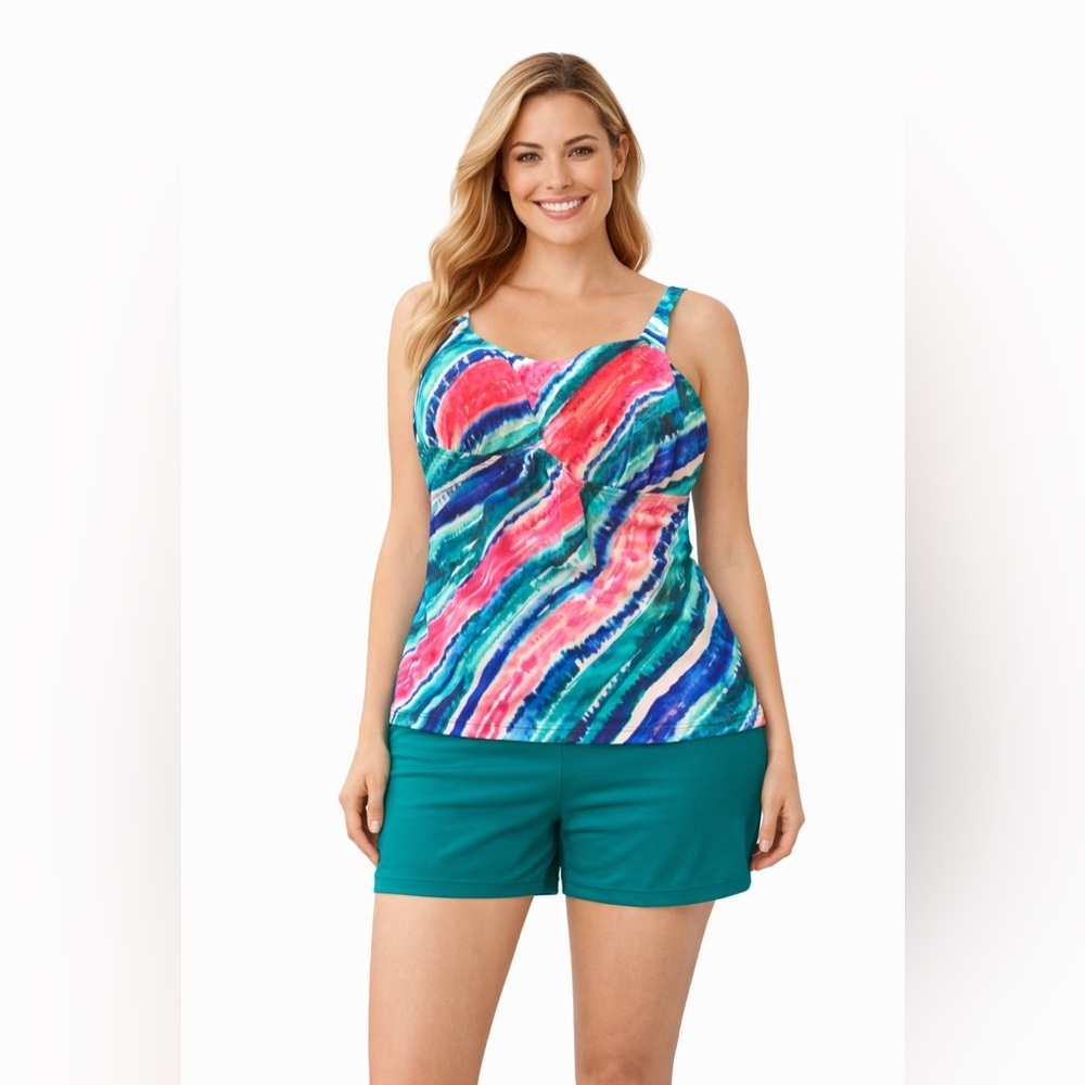 Kim Gravel x Swimsuits For All Tankini Set Size 12 Multicolor Top & Teal Shorts